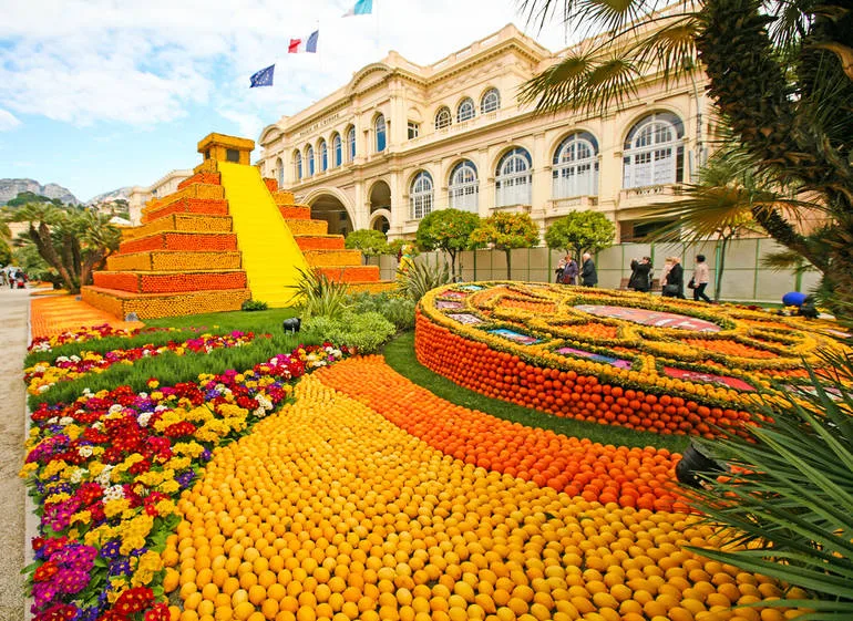 A bright and colourful flower bed display in front of the town hall in Menton on the French Riviera