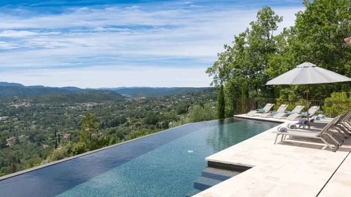 Beautiful view over infinity pool toward the Estrel mountains South of France