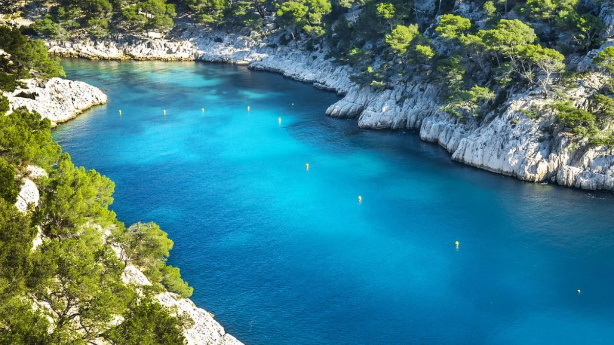 view over the blue water and white cliffs of the Calanques between Marseille and Cassis