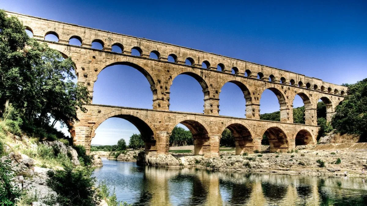 view on the Pont du gard 3 level Roman aquaduct over the Gard river near Nimes